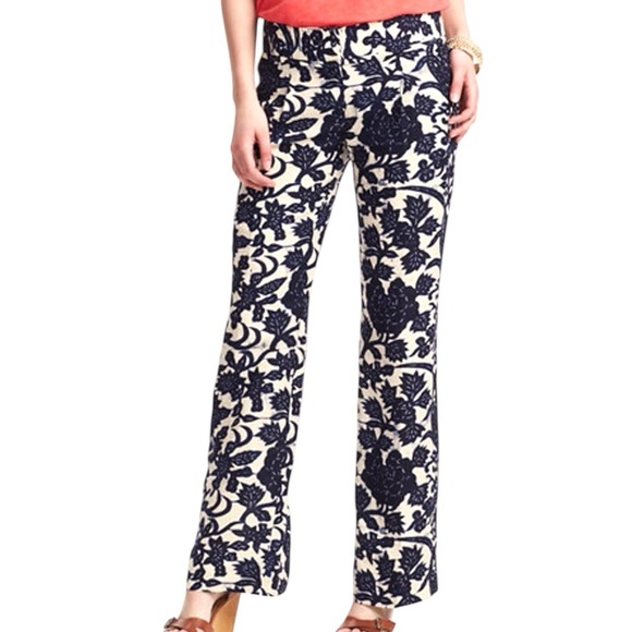 LOFT Marisa High Rise Wide Leg Linen Pants Vine Print Navy Cream Size 12 - Picture 1 of 10